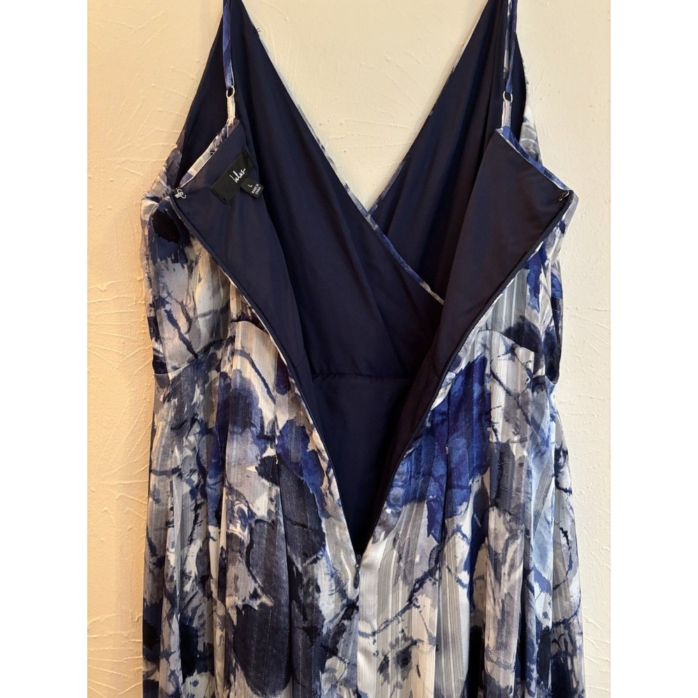 Lulus Blue Floral High Low Maxi Dress Pleated Metallic Stripe Surplice Size L - Picture 4 of 9